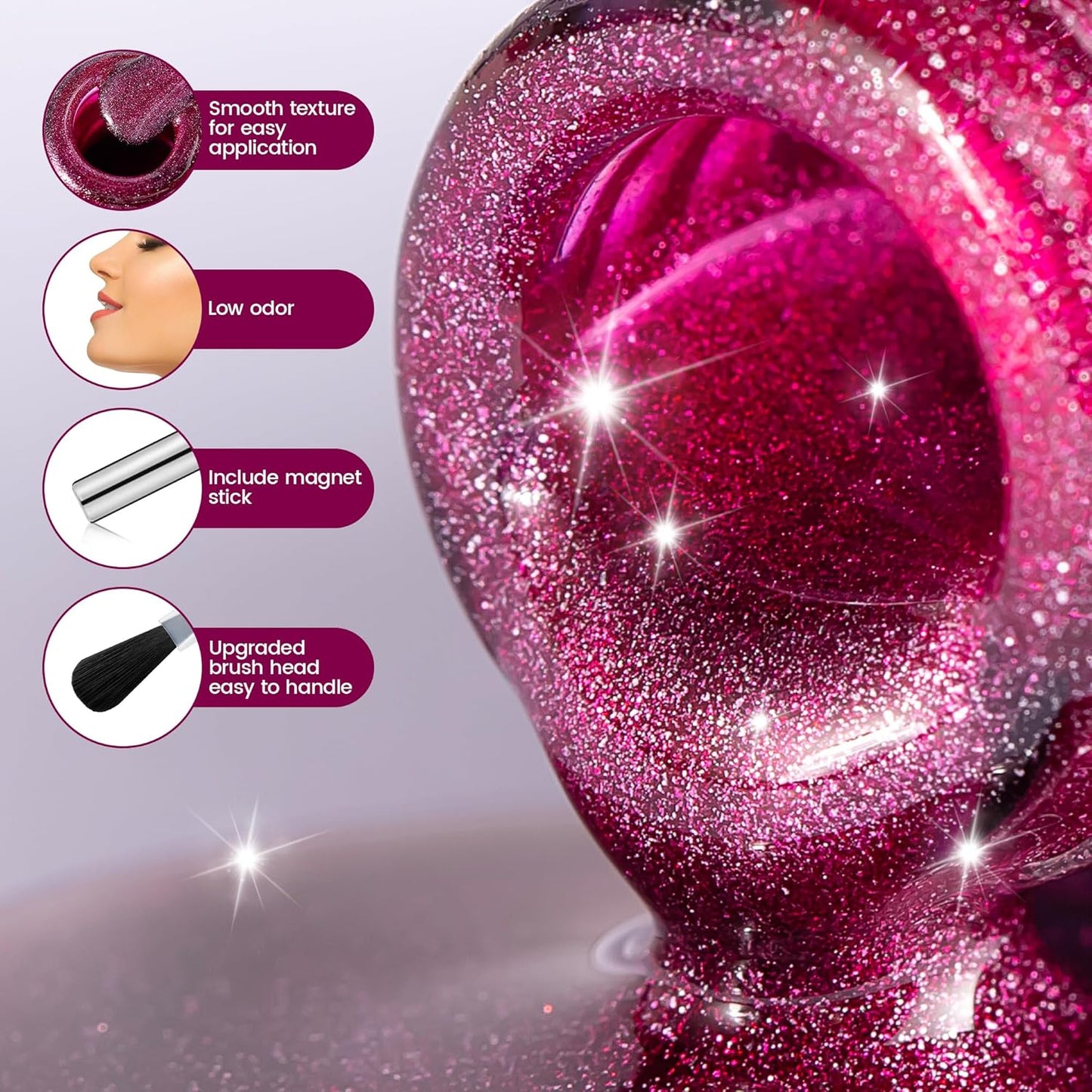 YTD Likomey Cat Eye Gel Nail Polish,15ml Bright Plum Pink Holographic Translucent Neutral Velvet Jelly Sheer Magnetic Dragon Fruit Shimmer Glitter Fall Winter UV Color Varnish with Magnet Stick,MY378