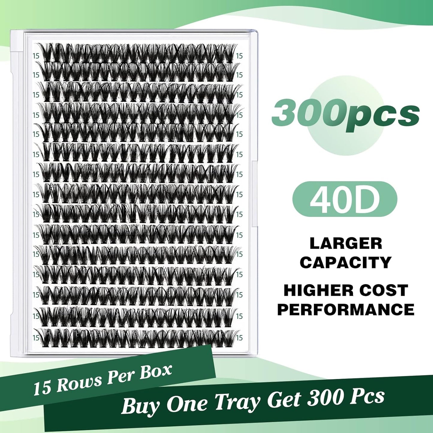 Lash Clusters 300pcs Individual Lashes 40D 0.07D Curl 15mm DIY Eyelash Extension KEYYOU Large Tray Volume Soft&Natural Cluster Lashes(40D-0.07D,15）