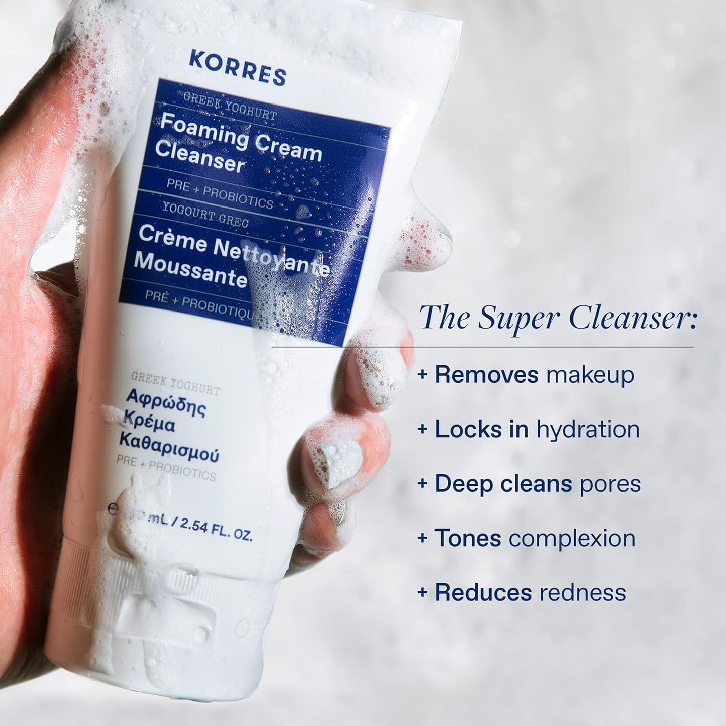 KORRES Greek Yoghurt Foaming Cream Cleanser, Hydrating, Deep Cleansing Skin Care, Makeup Remover, Face Wash for Women, Cream to Foam Facial Cleanser for Dry, Oily, Sensitive, Any Skin Type, 2.5 fl oz