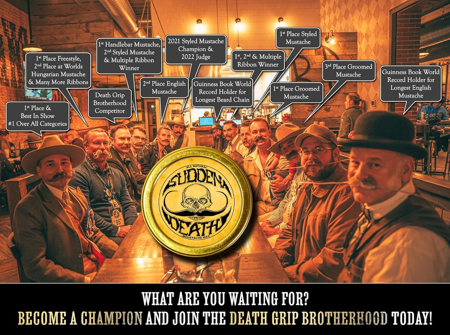 Mustache Wax Strong Hold Grooming For Men | Sudden Death Moustache & Beard Wax 1oz Tin | Perfect For Handlebar Mustaches By Death Grip | No Heat Source Required