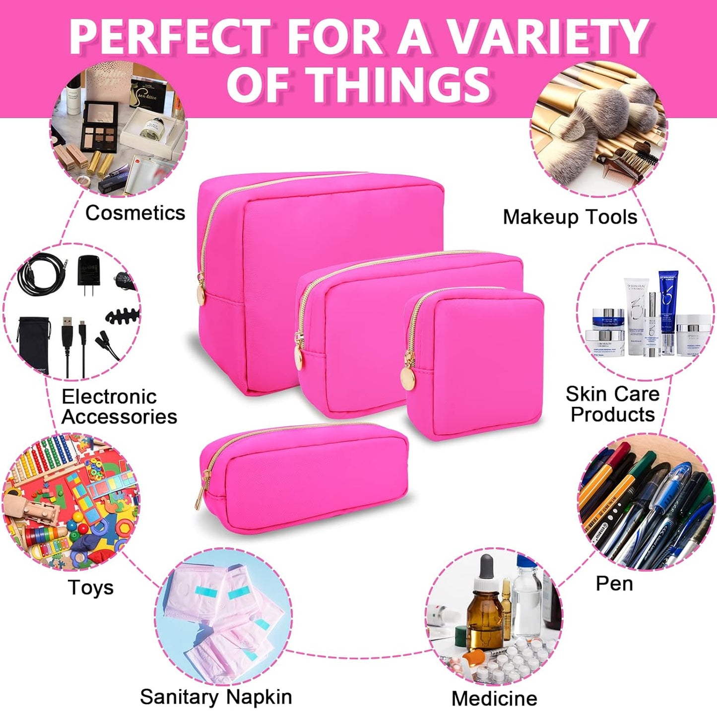 Small Makeup Pouch for Purse, Nylon Travel Toiletry Storage Pouch Cute Preppy Cosmetic Bag for Women Girls, Waterproof Makeup Organizer Skincare Bag Purse with Zipper (Small-Bubblegum)