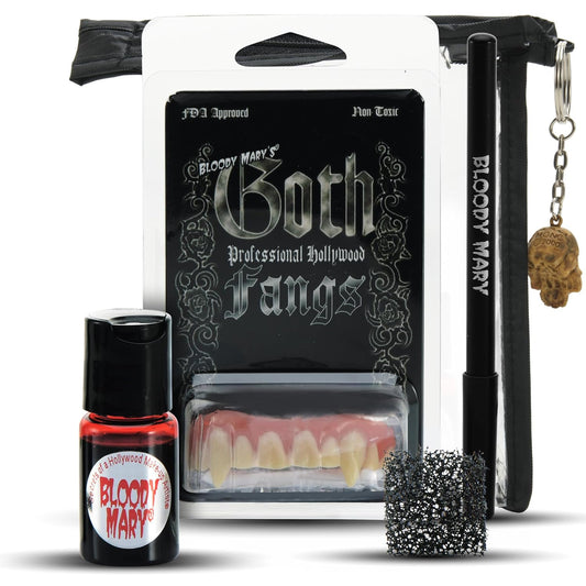 Vampire SFX Makeup Kit - Deluxe Wicked Bite Special Effects Face Makeup with 1/2 Oz. Extra Thick Fake Blood, Black Pencil Liner, Vampire Fangs and Stipple Sponge for Halloween or Stage - Bloody Mary