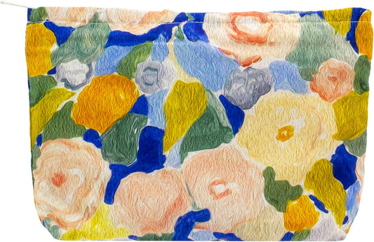 PAZIMIIK Floral Makeup Bag Large Cotton Zipper Pouch for Purse Travel Canvas Make Up Organizer for Women Cosmetic,Garden Blue