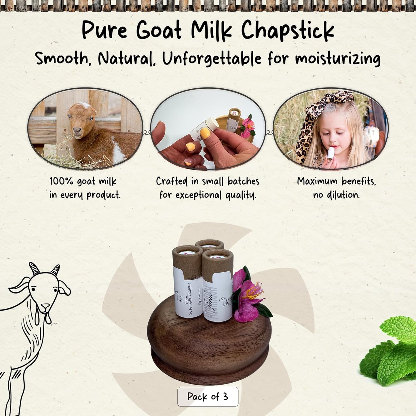 Natural Lip Balm with Goat Milk – Hydrating Chap Sticks | Lip Care Product for All Skin Types | Chapstick Total Hydration | Lips Moisturizer for Dry Lips | Peppermint (Pack of 3)