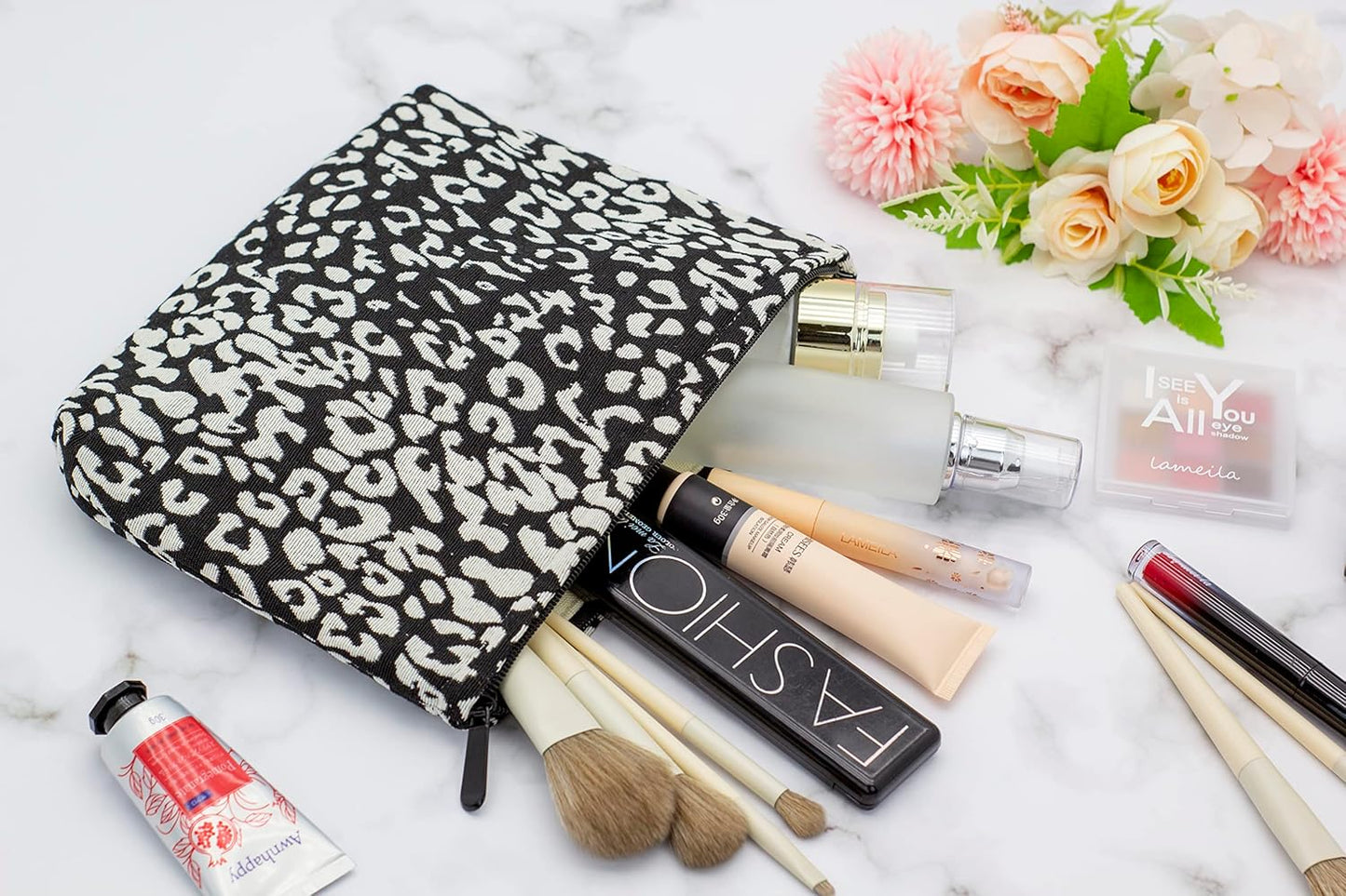 Makeup Bags for Purse Zipper Cosmetic Pouch Large Travel Canvas Make Up Organizer Tool Pouch for Women and Girls,Leopard Black