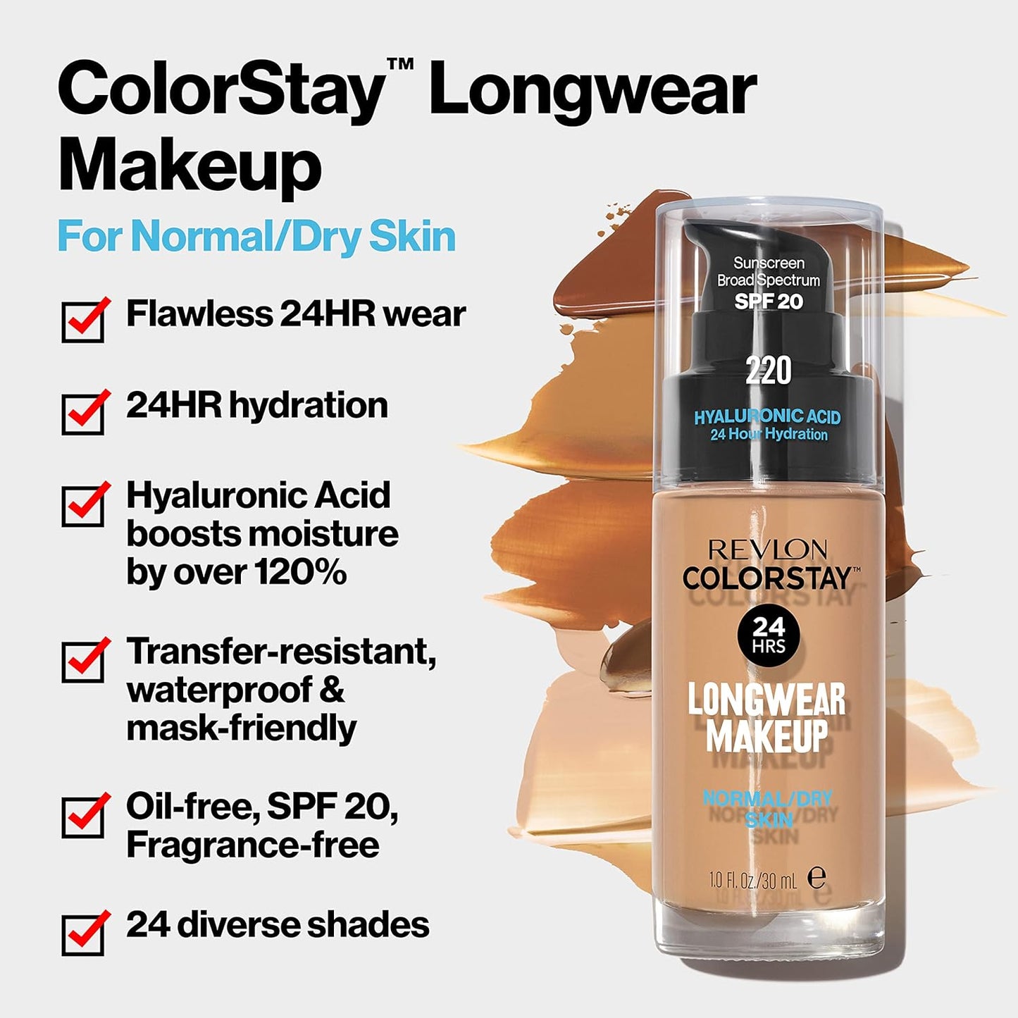 Revlon Liquid Foundation, ColorStay Face Makeup for Normal & Dry Skin, SPF 20, Longwear Medium-Full Coverage with Natural Finish, Oil Free, 392 Sun Beige, 1 Fl Oz