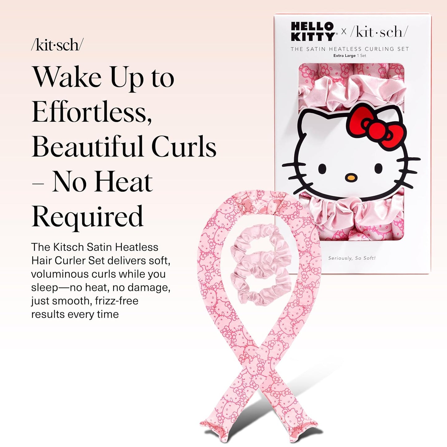 Hello Kitty x Kitsch Satin Heatless Hair Curler Set - Heatless Curls Overnight, Hair Rollers for Soft Curls & Frizz-Free Styling, No Heat Curlers To Sleep in, Curling Rod Headband - Pink Kitty Faces