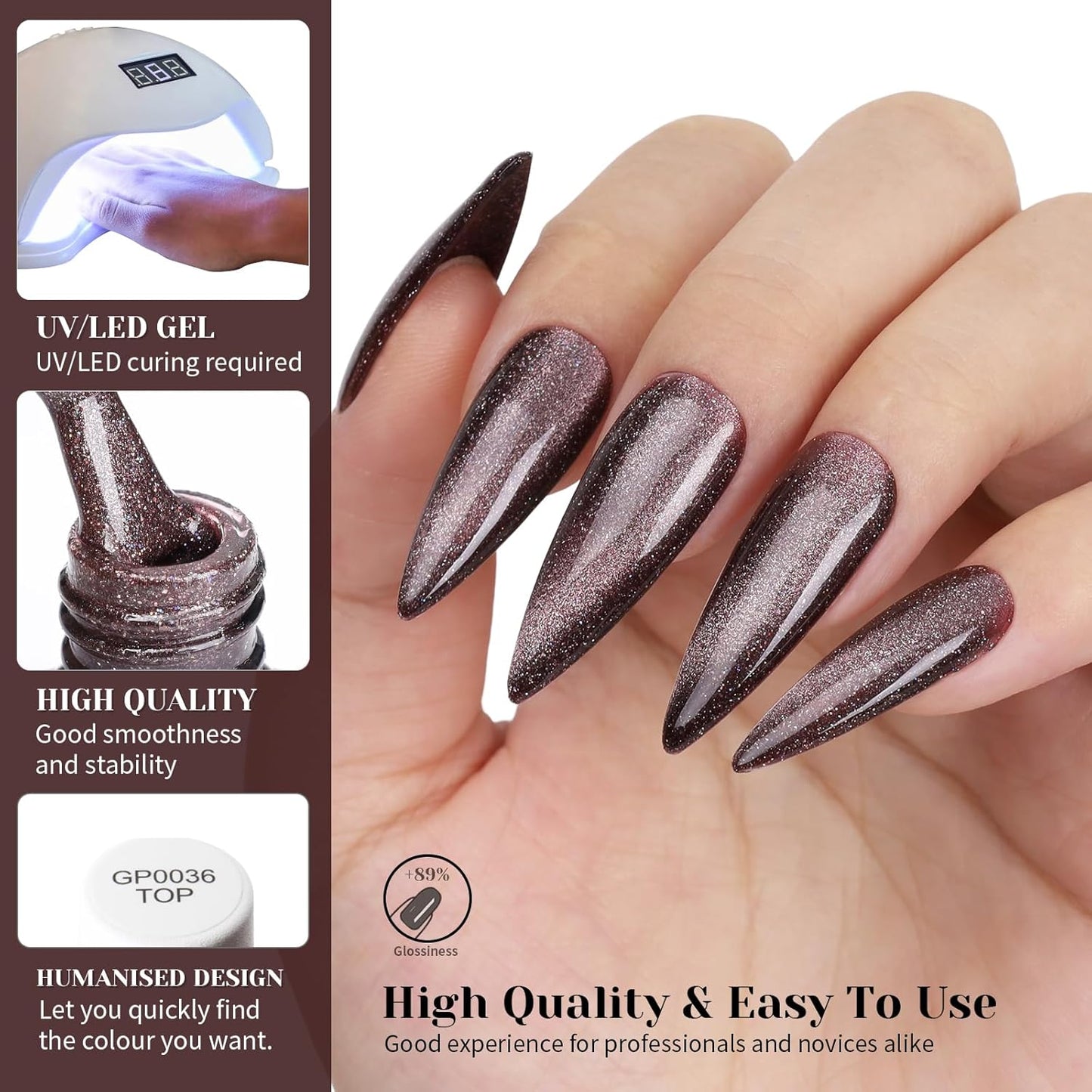 Brown Cat Eye Gel Nail Polish,Brown Reflective Holographic Shimmer Cateye Gel Polish with Magnet,Silver Shimmer Velvet Soak Off Uv Led Home Diy Manicure,Fall Winter Colors GP0104