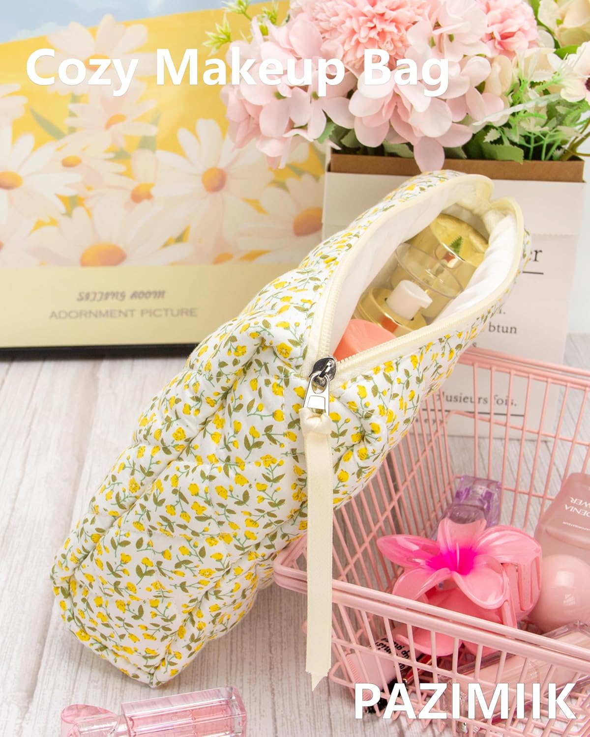 PAZIMIIK Quilted Makeup Bag Large Travel Zipper Soft Cosmetic Pouch for Women Girls Make Up,Floral Yellow