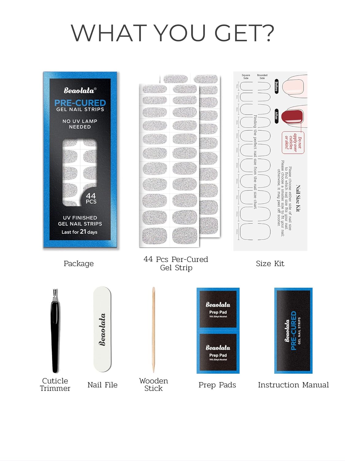 Pre Cured Gel Nail Strips - 44PCS Salon Quality Gel Nail Stickers - Long Lasting Polish Wraps for Women no UV Light Needed Easy Apply& Remove (Ethereal Silver)