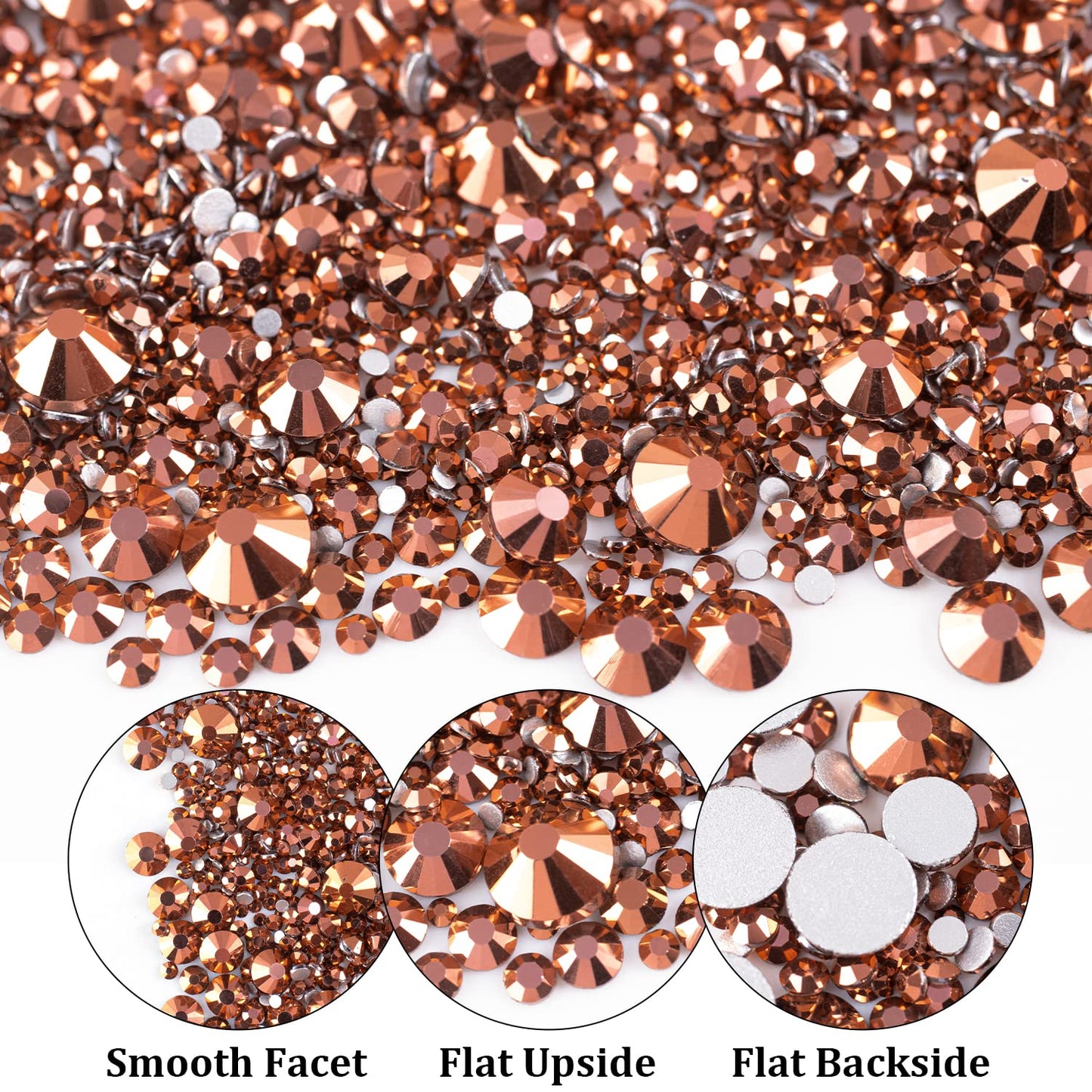 One Pack 2000 Pcs of Flatback Round Rose Gold Rhinestones 6 Sizes (1.5-6 mm) with Nail Art Rhinestone Picker Pencil and Tweezers for DIY and Salon Use