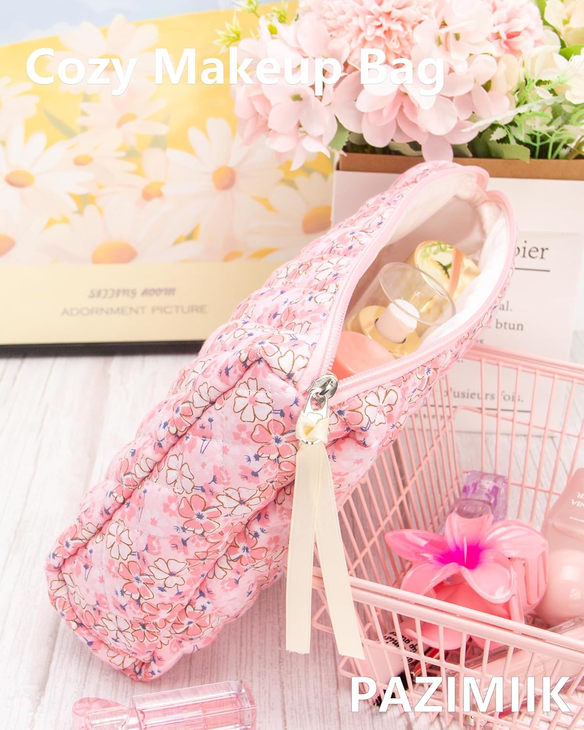 PAZIMIIK 3PCS Makeup Bag SET Large Travel Quilted Zipper Soft Cosmetic Case Pouch for Women Girls Make Up,Pink Flower