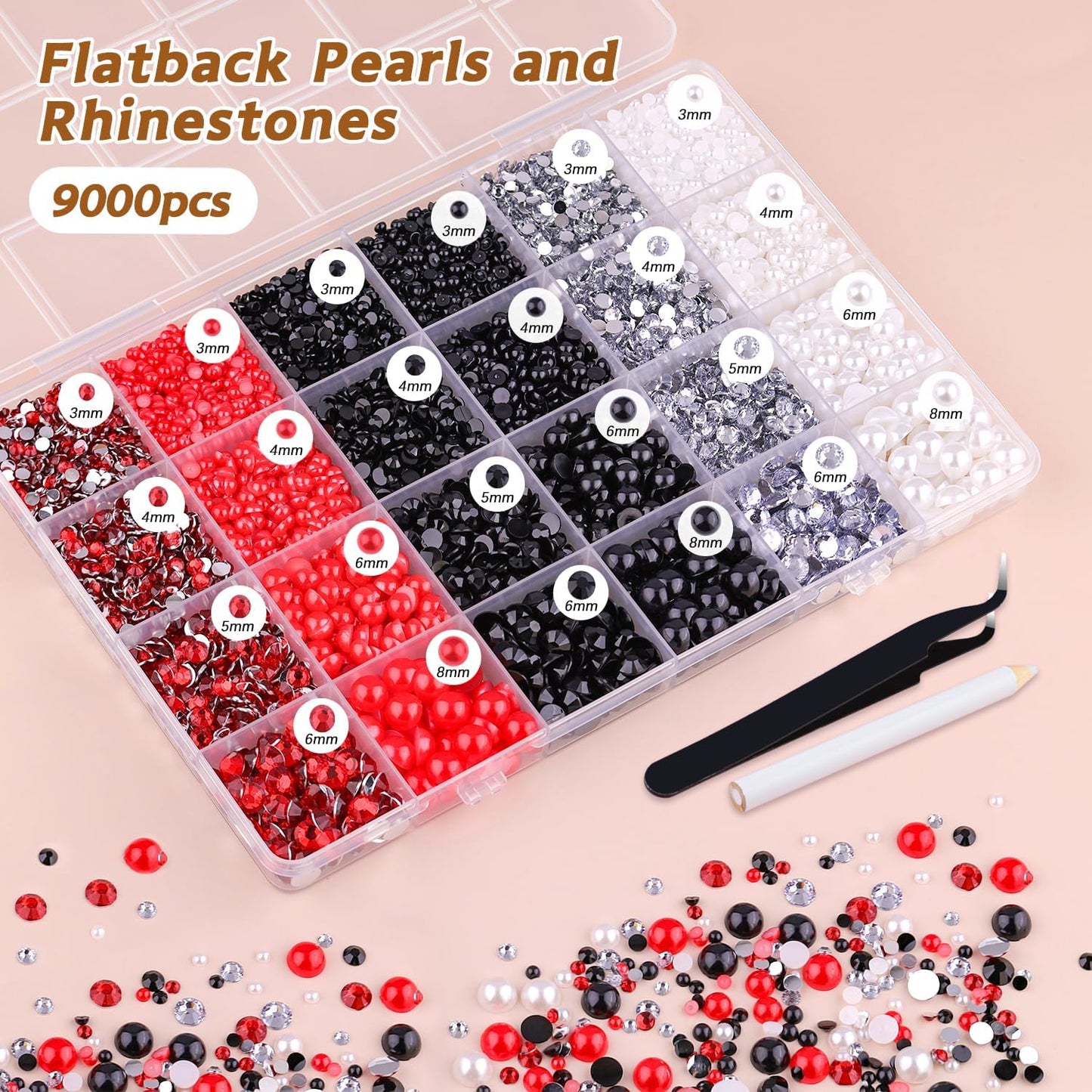 9000PCS Flatback Pearls and Rhinestones for Crafting, Red White Black Mixed Size 3-10mm Resin Rhinestones and Half Pearls for Bedazzling, Nail Art and Decoration with Tweezer and Pickup Pencil