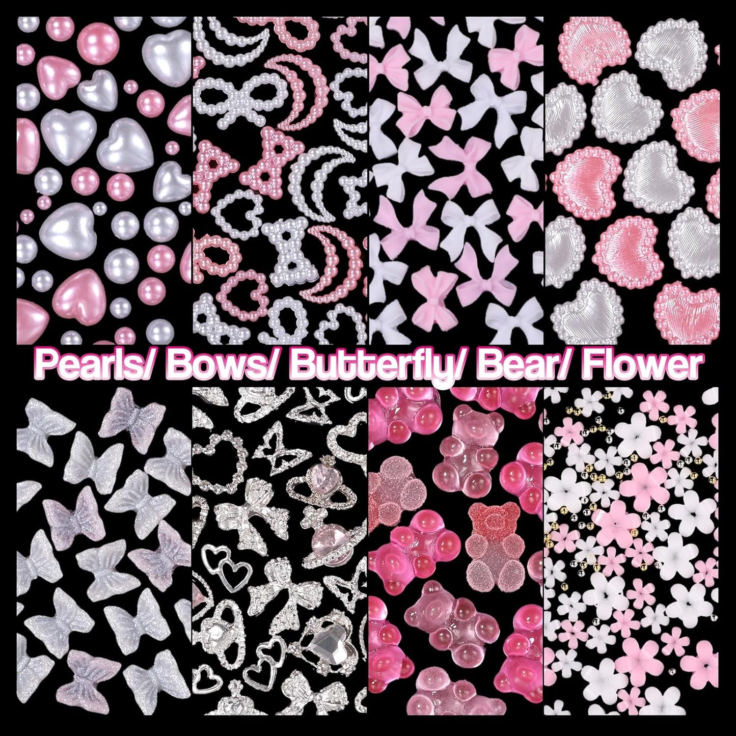 Silver Nail Gems Charms, 3D Pink Color Nail Art Charms, Acrylic Blossom Tiny Flowers Flatback Multi Styles Pearls Nail Charms Planet Heart Butterfly Nail Diamond Charms for Nails Manicure DIY Crafts