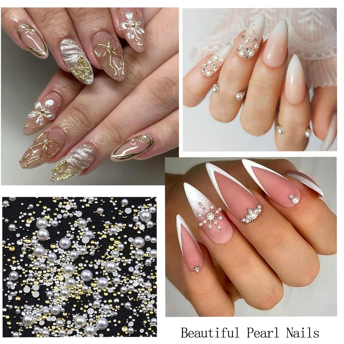 Nail Art Charms with Rhinestones Glue Gel White Flatback Pearls Flower Butterfly Nail Gems Supplies Accessories Gold Silver Nails Decoration Pearls for Women Nails Design