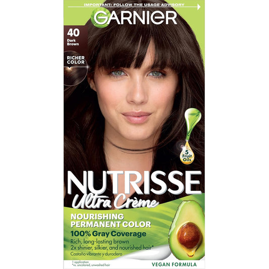 Garnier Hair Color Nutrisse Nourishing Creme, 40 Dark Brown (Dark Chocolate) Permanent Hair Dye, 1 Count (Packaging May Vary)