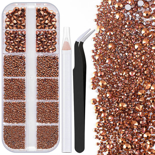 One Pack 2000 Pcs of Flatback Round Rose Gold Rhinestones 6 Sizes (1.5-6 mm) with Nail Art Rhinestone Picker Pencil and Tweezers for DIY and Salon Use