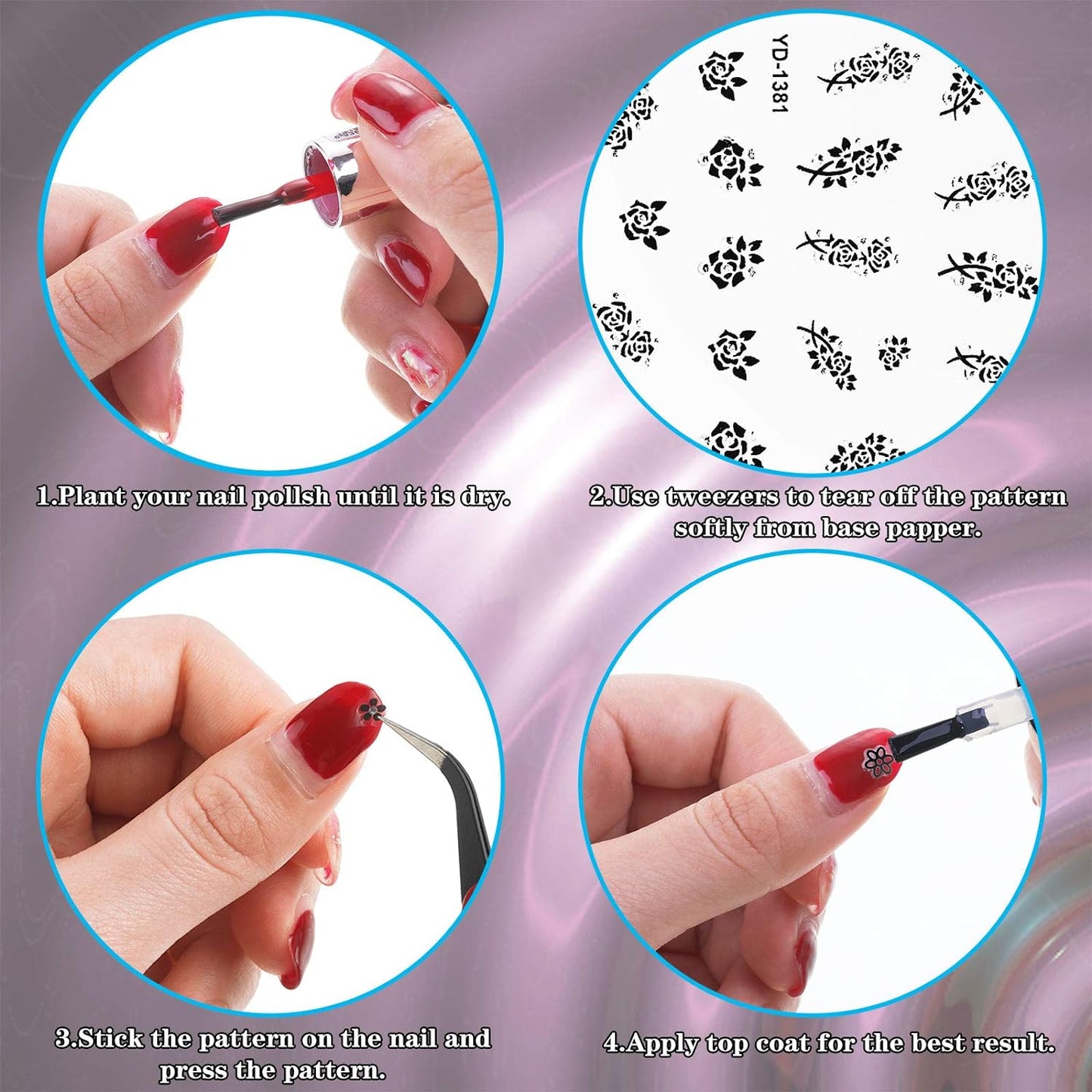 Blulu 5000 Pcs Flower Nail Stickers 100 Sheets 3D Self Adhesive Nail Stickers Multi Design Decals Multicolor Flower Manicure Decals with Tweezer(Classic-Chic Floral Series)