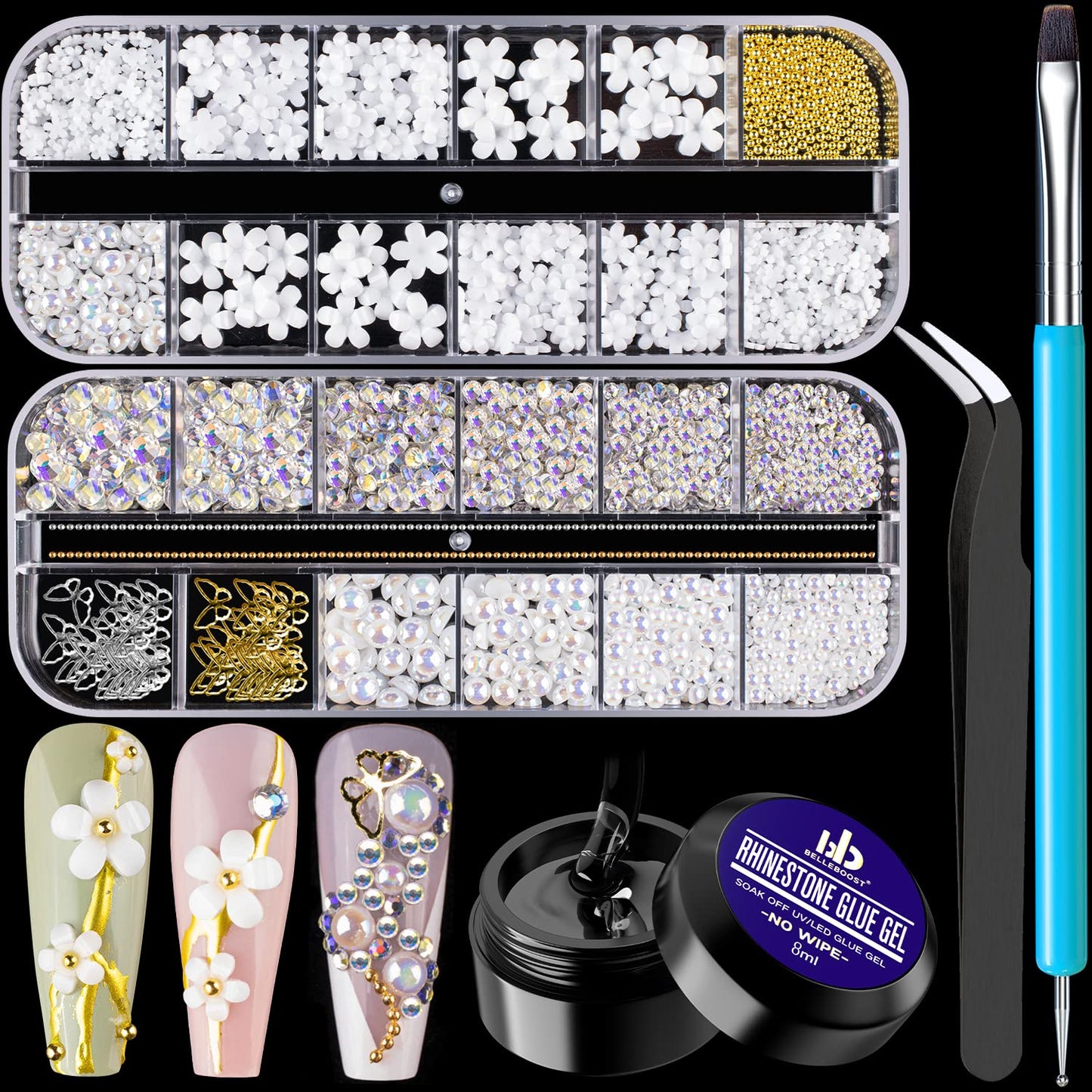 Mixed 3D Nail Art Gem Decoration Accessories Kit #6, Butterfly Starry AB Rhinestone Charm Jewelry for Deco, Pearl Flower Caviar Bead Stone Crystal with Dual-End Brush and Tweezer