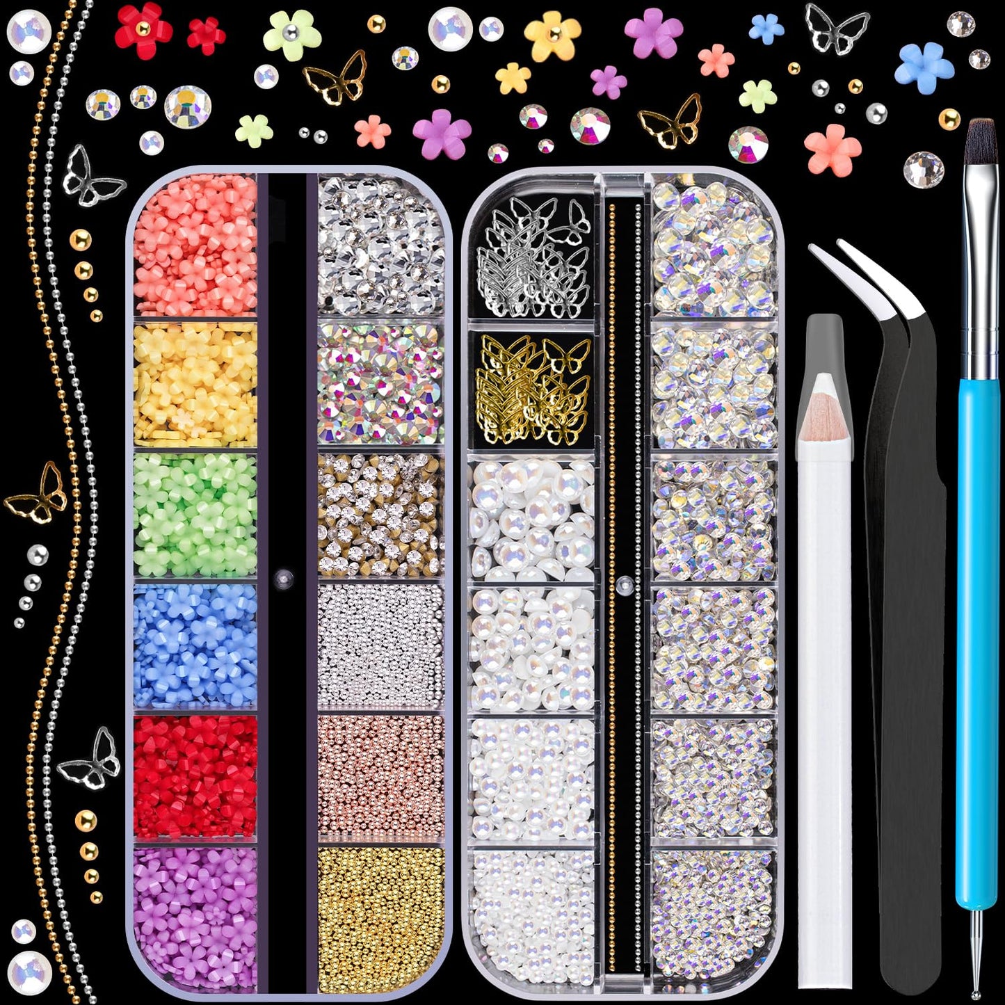 3D Nail Charms, Butterfly Colorful Acrylic Flower Starry AB Gemstones Caviar Beads Half Round Pearl, Flat Back Glass Crystal AB + Clear Round Rhinestones for Nails with Pickup & Dotting Tools