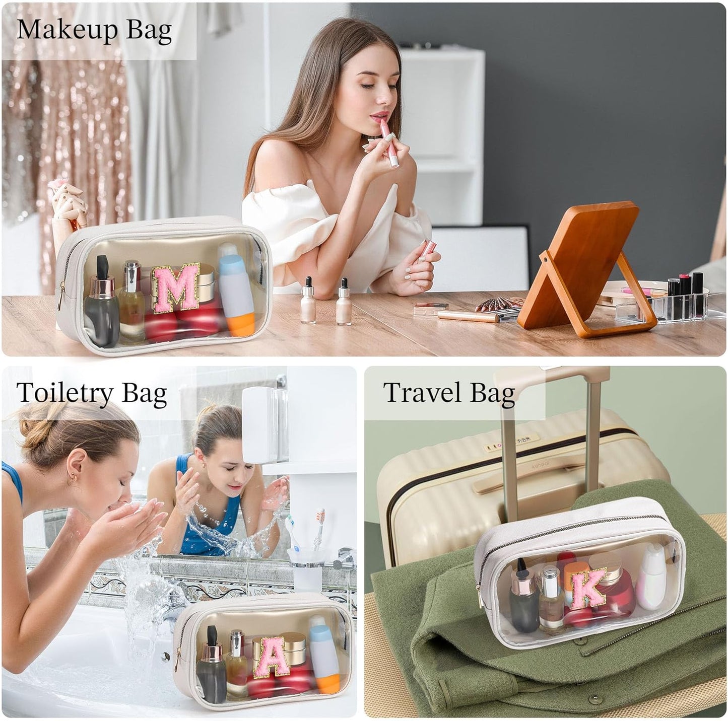 YOOLIFE Initial Make Up Bag Travel Toiletry Bag, Clear Makeup Bag Preppy Cosmetic Bag Gifts for Women Teen Girlfriend Teacher 16 Year Old Girl Gifts Daughter Gifts Swim Gifts For Girls White K