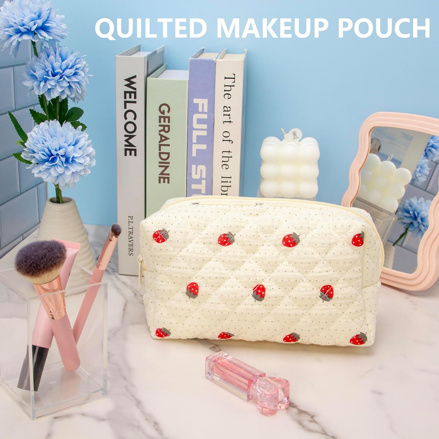 PAZIMIIK Vintage Quilted Makeup Bag Cosmetic Pouch for Brushes Pencils and Travel Make Up Accessories for Women and Girls Gauze Strawberry