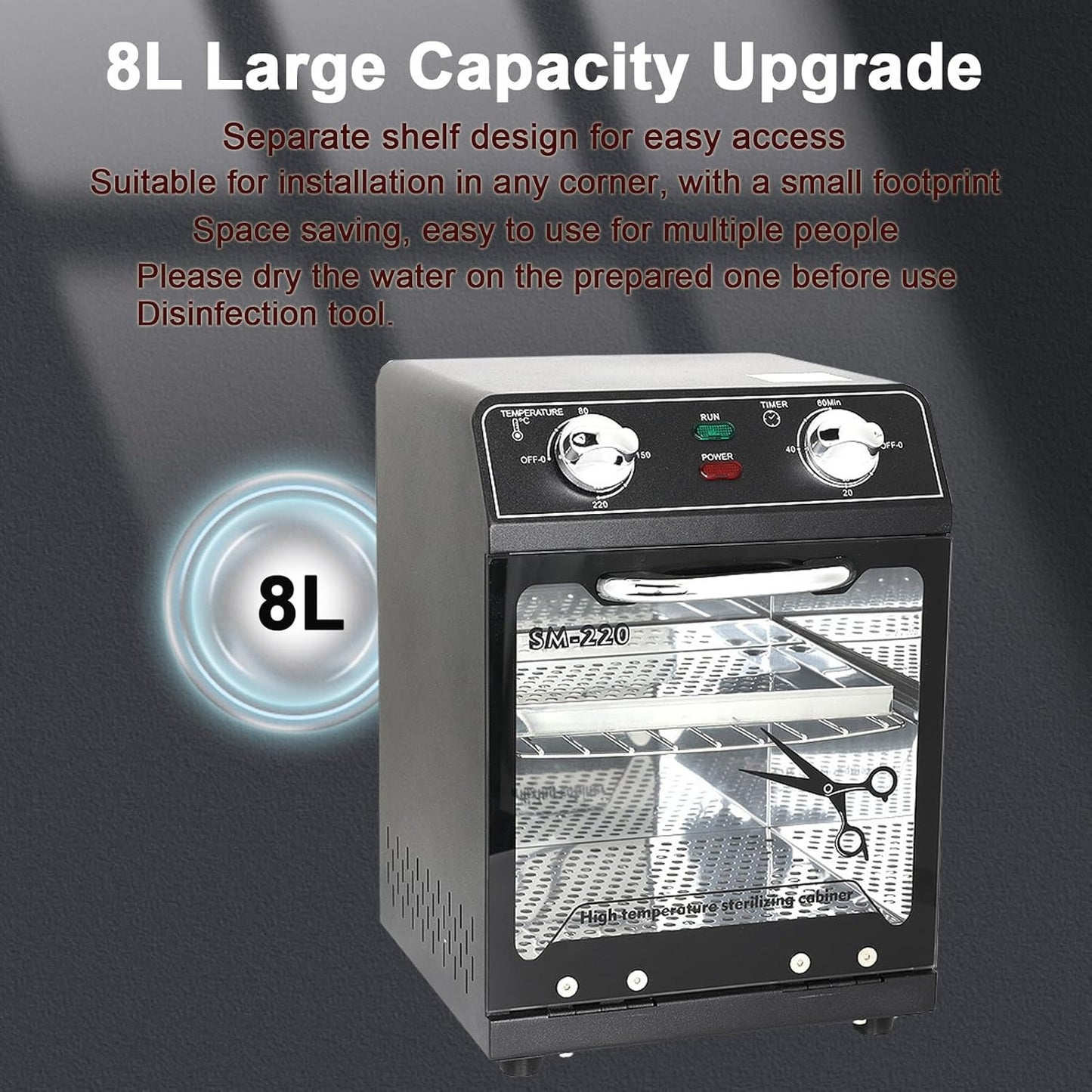 Nail Tool Sterilizer with Timer 8L Multifunctional High Temperature Dry Box Stainless Steel with 1 Stainless Tray for Nail Tools, Tweezers, Other Metal Equipment