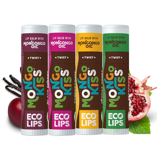 Eco Lips Mongo Kiss Organic Lip Balm 4 Pack Peppermint, Pomegranate, Vanilla Honey, Black Cherry - 100 Percent USDA Organic - Soothe, Moisturize Dry, Cracked and Chapped Lips - Made in USA