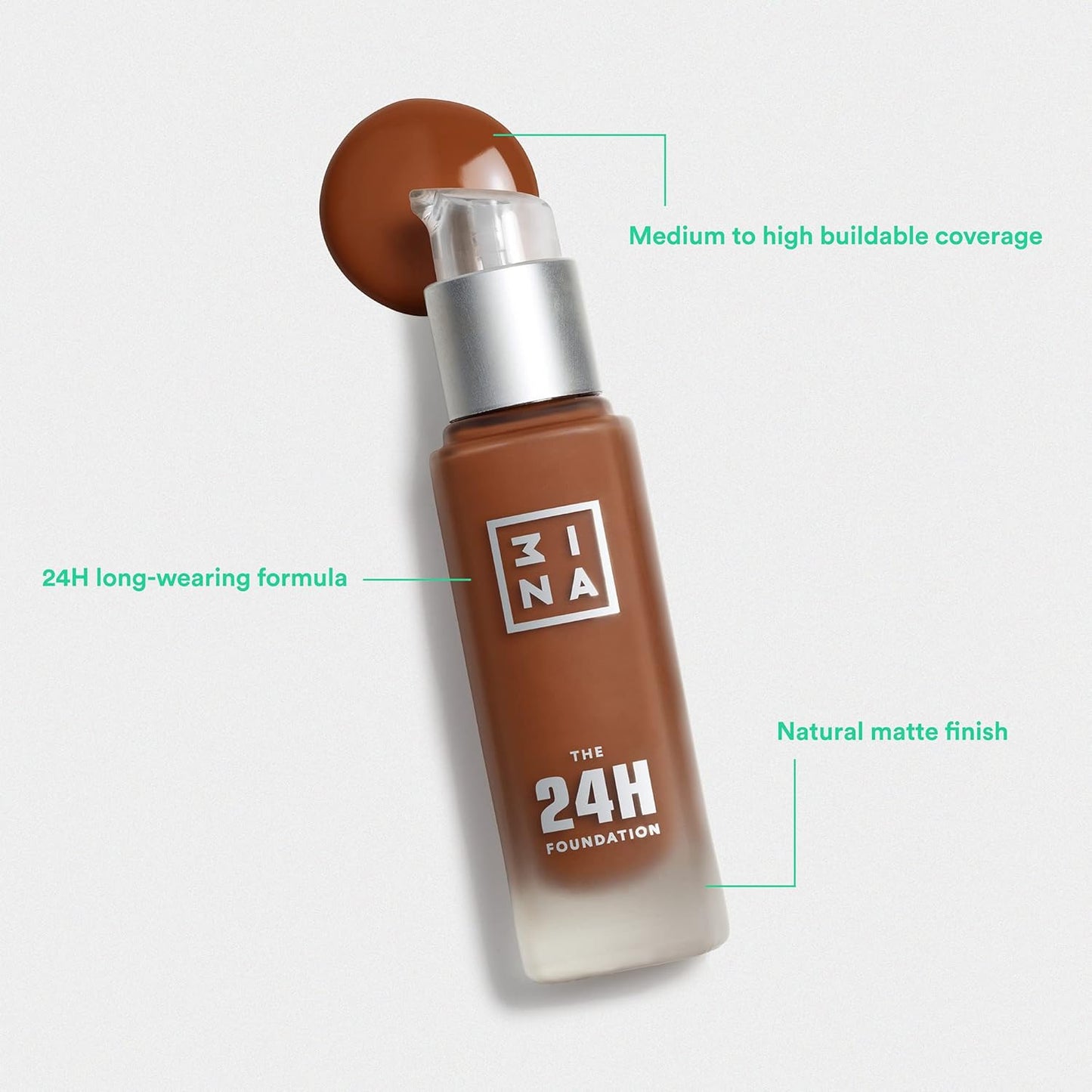 3INA The 24H Foundation 606-24H Long-Wearing Formula - Medium To High Buildable Coverage - Smooth Matte Finish - Expanded Shade Selection - Waterproof, Cruelty Free, Vegan Makeup - 1.01 Oz