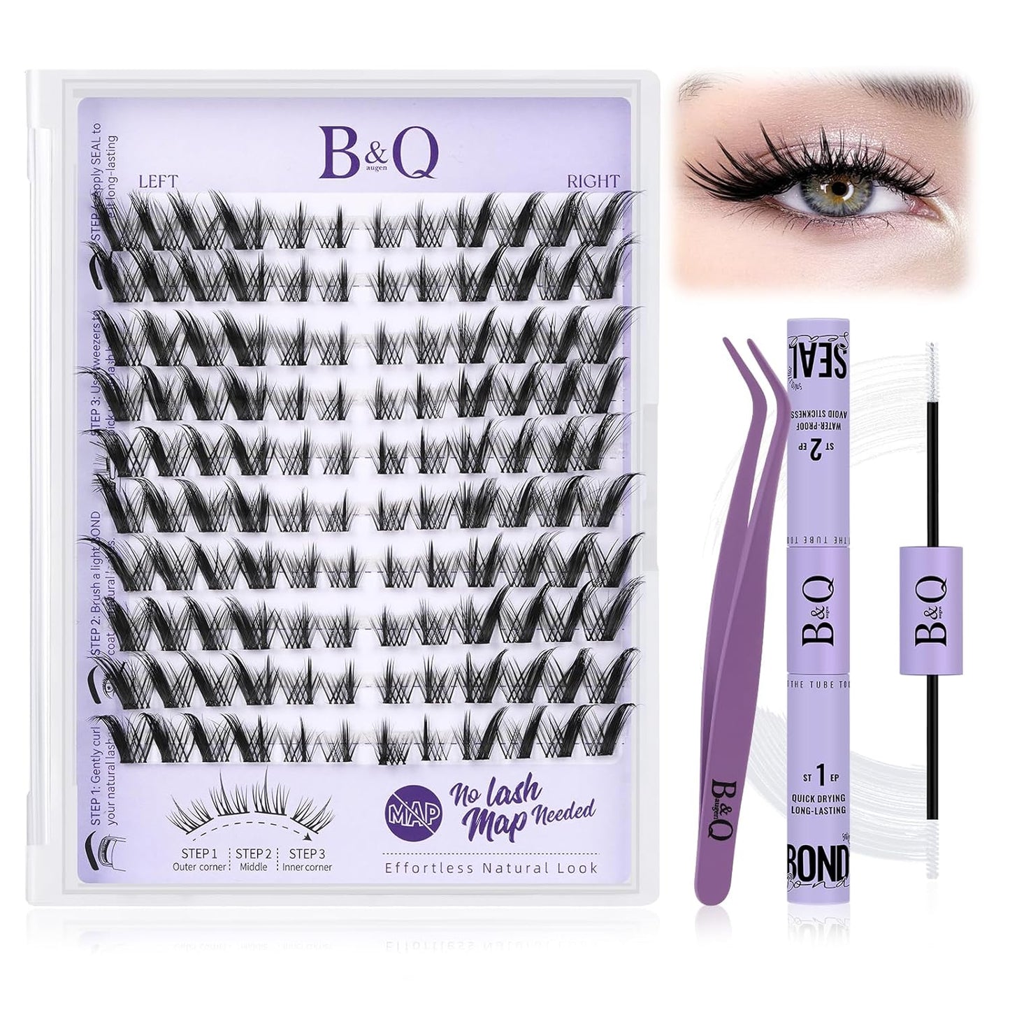B&Qaugen Lash Clusters Kit Foxy Lash Extension Kit No Lash Map Natural Lash Clusters with Invisible Band 7-16 Eyelash Extension Kit C Curl Lash Kit with Lash Bond and Seal（foxy）