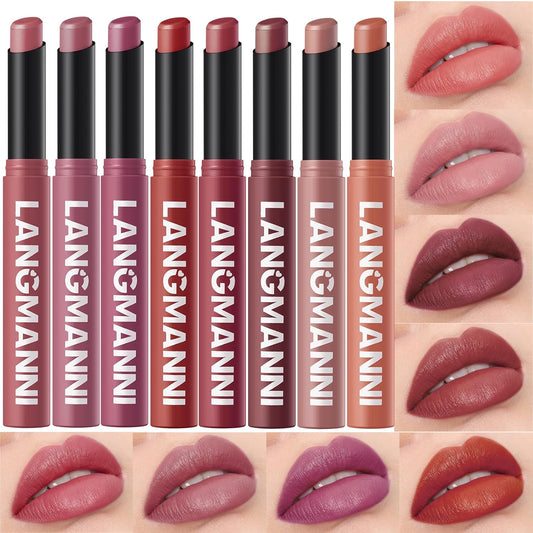 Jolilab 8Pcs Velvet Matte Lipstick Nude Matte Soft Dark Color Stick High Pigmented Long-Lasting Waterproof Lip Stick Lip Balm Beauty Cosmetics Gift for Girls and Women（7-12+1+5