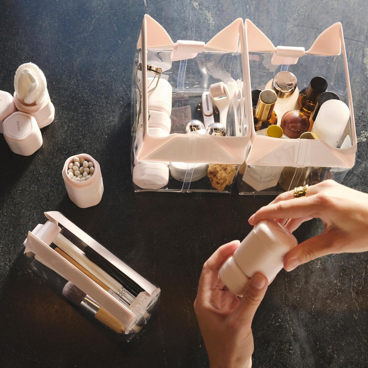 Cadence Travel Containers Basic Skincare Set - Magnetic Containers with Lids,Carry On Travel Essentials For Women/Men - 3 Small Capsules (0.56oz) - Cleanser, Moisturizer & Sun-Icon Labels - Pacific