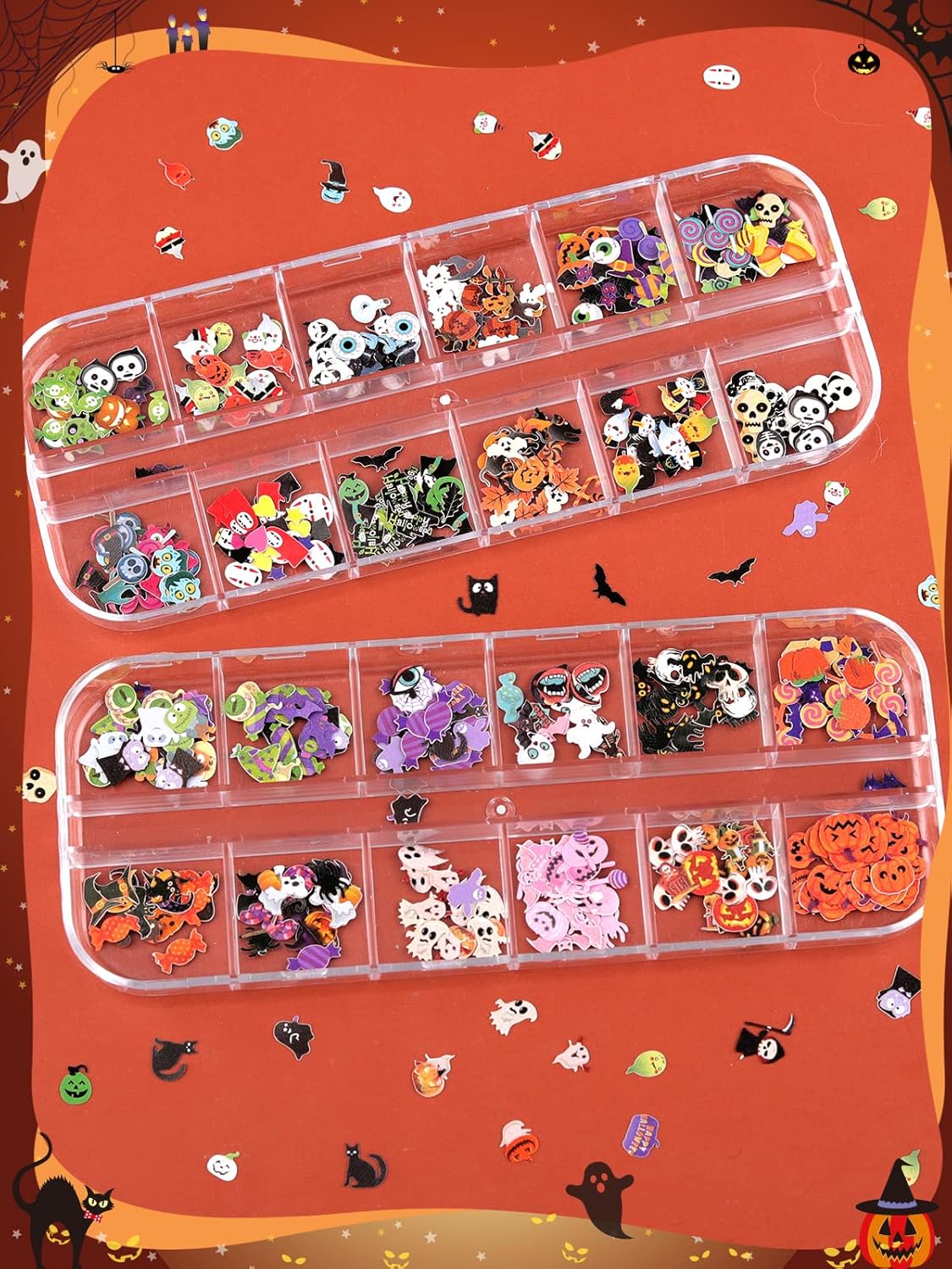 Kalolary Halloween Nail Art Sequins, 3D Skull Spider Pumpkin Bat Ghost Witch Stickers for Acrylic Nails, Halloween Wood Pulp Glitter Flakes for Nail Art Decorations