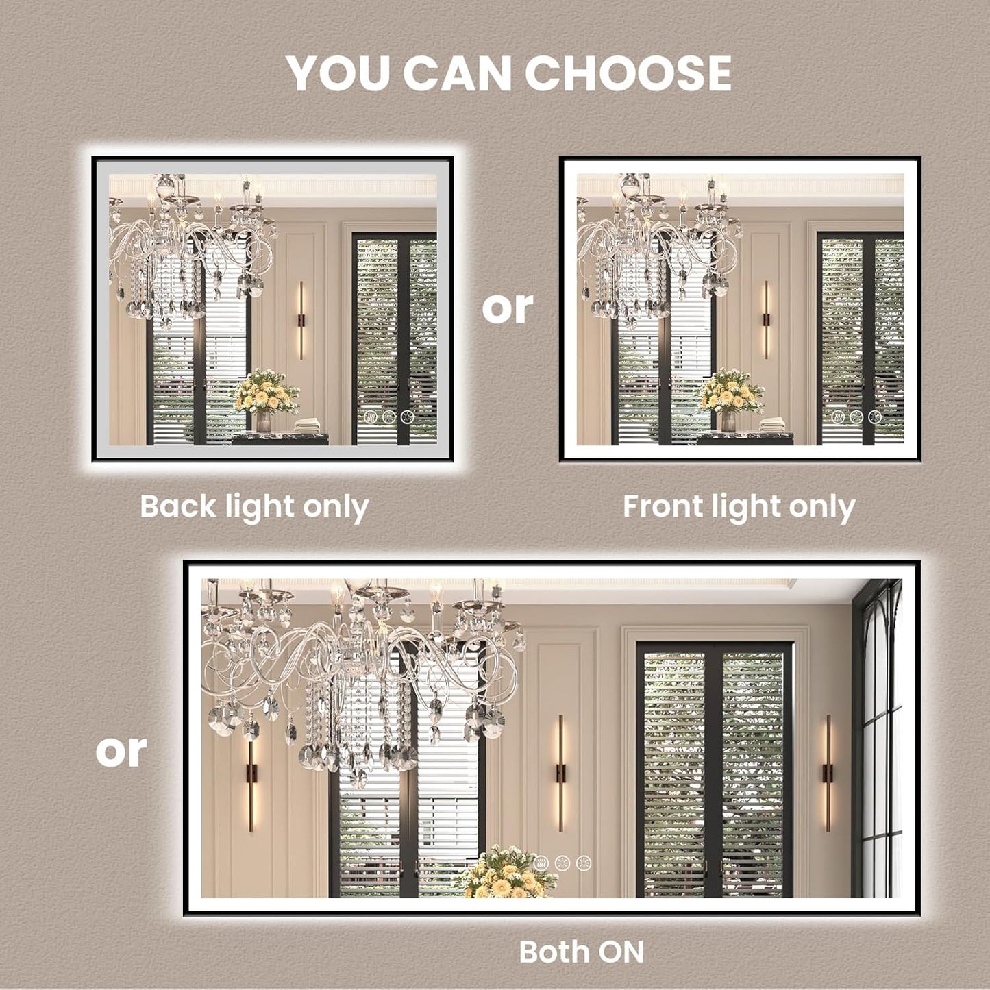 Amorho 28"x 36" LED Bathroom Mirror with Black Frame, Front Light and Backlit(Controlled Separately), Stepless Dimmable, Anti-Fog, Shatter-Proof, 3 Colors, Memory