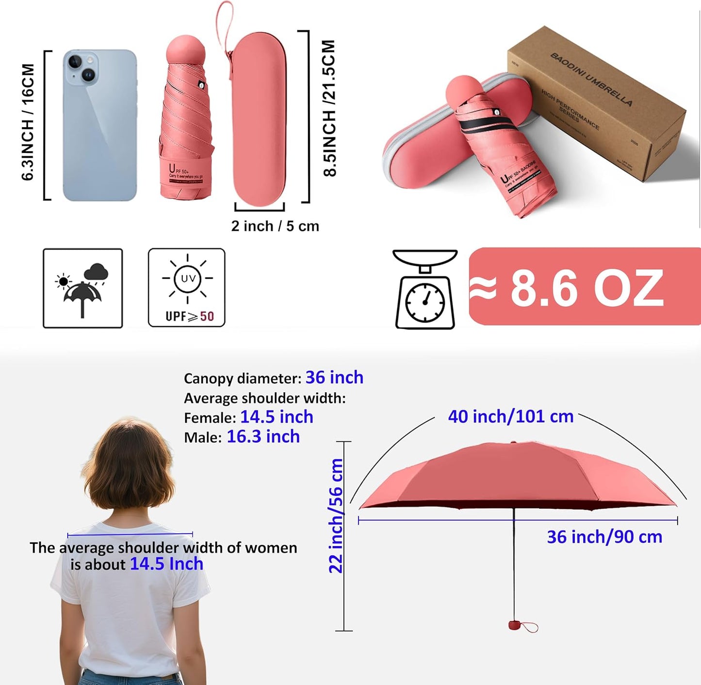 BAODINI Travel Essentials Mini Umbrella for Purse With Case Small Compact UV Sun Protection Lightweight Tiny Pocket Manual Open Close Umbrella for Women Kids and Men Fit Purse Backpack