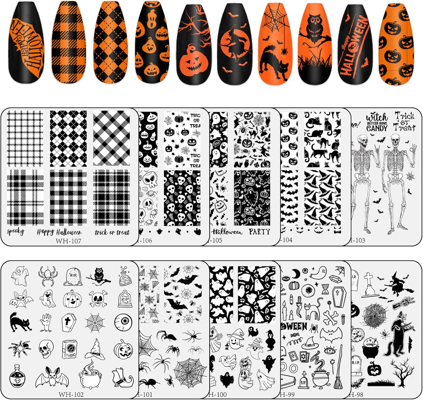 Whaline 10Pcs Halloween Nail Art Stamping Plate Kit Spooky Pumpkin Ghost Skull Plaid Design Nail Art Plate for Holiday DIY Print Manicure Salon