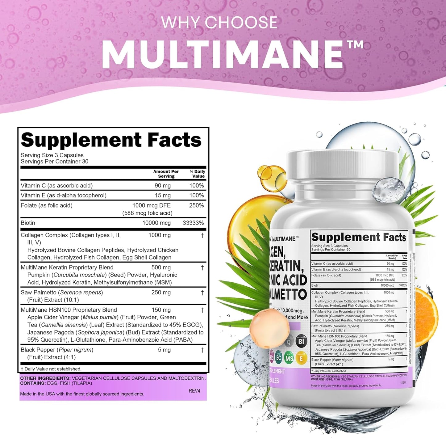 Clean Nutraceuticals Collagen Pills 1000mg Biotin 10000mcg Keratin Saw Palmetto Hyaluronic Acid - Hair Skin & Nails Vitamins & DHT Blocker with Vitamin E Folic Acid Pumpkin Seed MSM - 90 Count