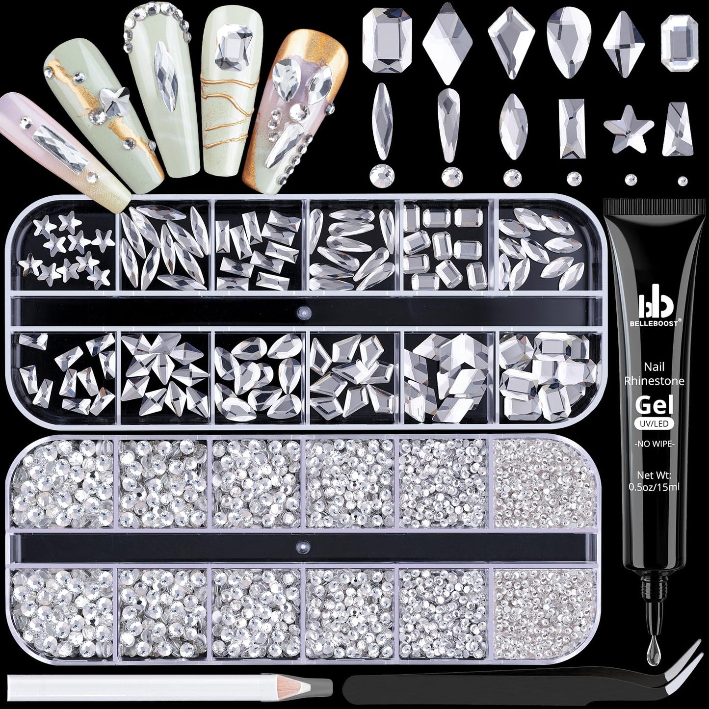 3220Pcs Silver Clear Nail Rhinestones 120Pcs Multi Shapes Glass Flatback Nail Gems + 3100Pcs 1.5-4mm Round Crystal with Rhinestones Glue Gel, Manicure Nail Charms Diamond Gemstones for Nail Art