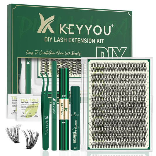 KEYYOU Lash Extension Kit DIY 300Pcs Lash Clusters Eyelash Extension Kit 50D D Curl 9-18MIX Lash Clusters Kit with Lash Glue Remover Applicator Easy to Use for Beginners(Kit,50D-D,9-18MIX)