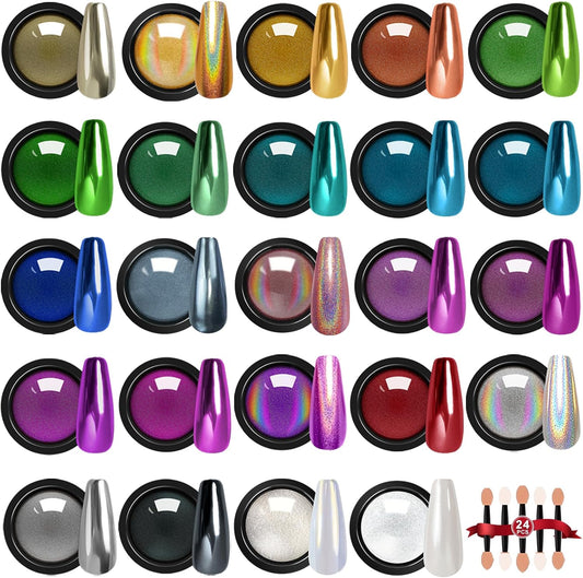 Gold Silver Chrome Nail Powder, 24 Colors White Pearl Unicorn Iridescent Holographic Nail Chrome Powder, Red Blue Green Black Purple Rose Gold Metallic Mirror Chrome Powder for Nails Glitter Pigment