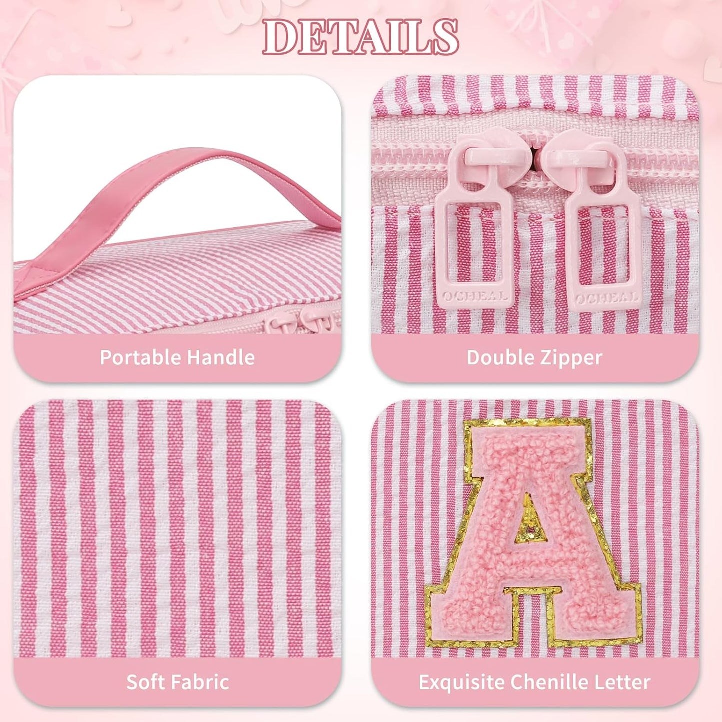 Travel Makeup Bag for Women, 2Pcs Portable Personalized Initial Makeup Organizer Bag, Open Flat Large Cosmetic Bag With Travel Essential Pouch (Pink Letter A)