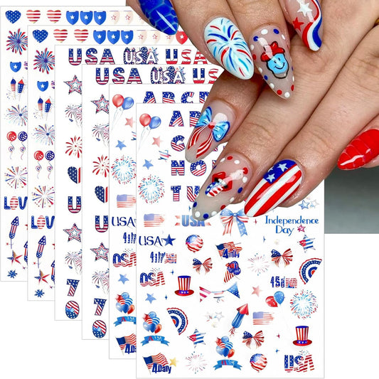 6 Sheets 4th of July Nail Stickers for Nail Art Independence Day Nail Decals 3D Self-Adhesive USA Flag Fireworks Letters Numbers Star Sticker Nail Designs Fourth of July Nails Decoration DIY for Women