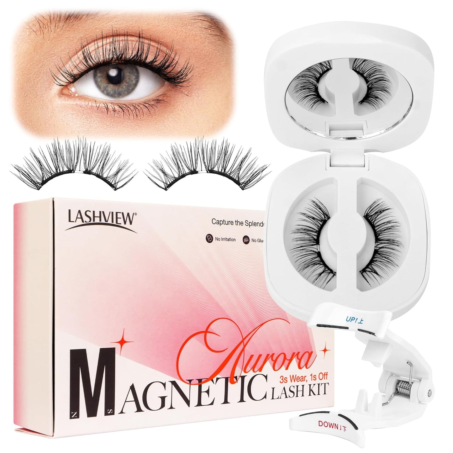 LASHVIEW Upgrade Magnetic Eyelashes with Applicator,Reusable Soft Natural Look, No Glue Needed Magnetic Eyelashes Lashes Kit,Easy to Wear and Remove A14