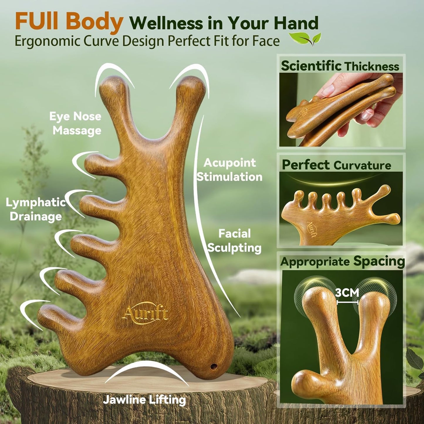 4-in-1 Gua Sha Tool for Face & Body, Natural Green Sandalwood – Lymphatic Drainage, Jaw Lifting & Nose Sculpting, Head Massage Comb for Stress Relief, Home Office Self Care Gifts for Mom Girl Friend