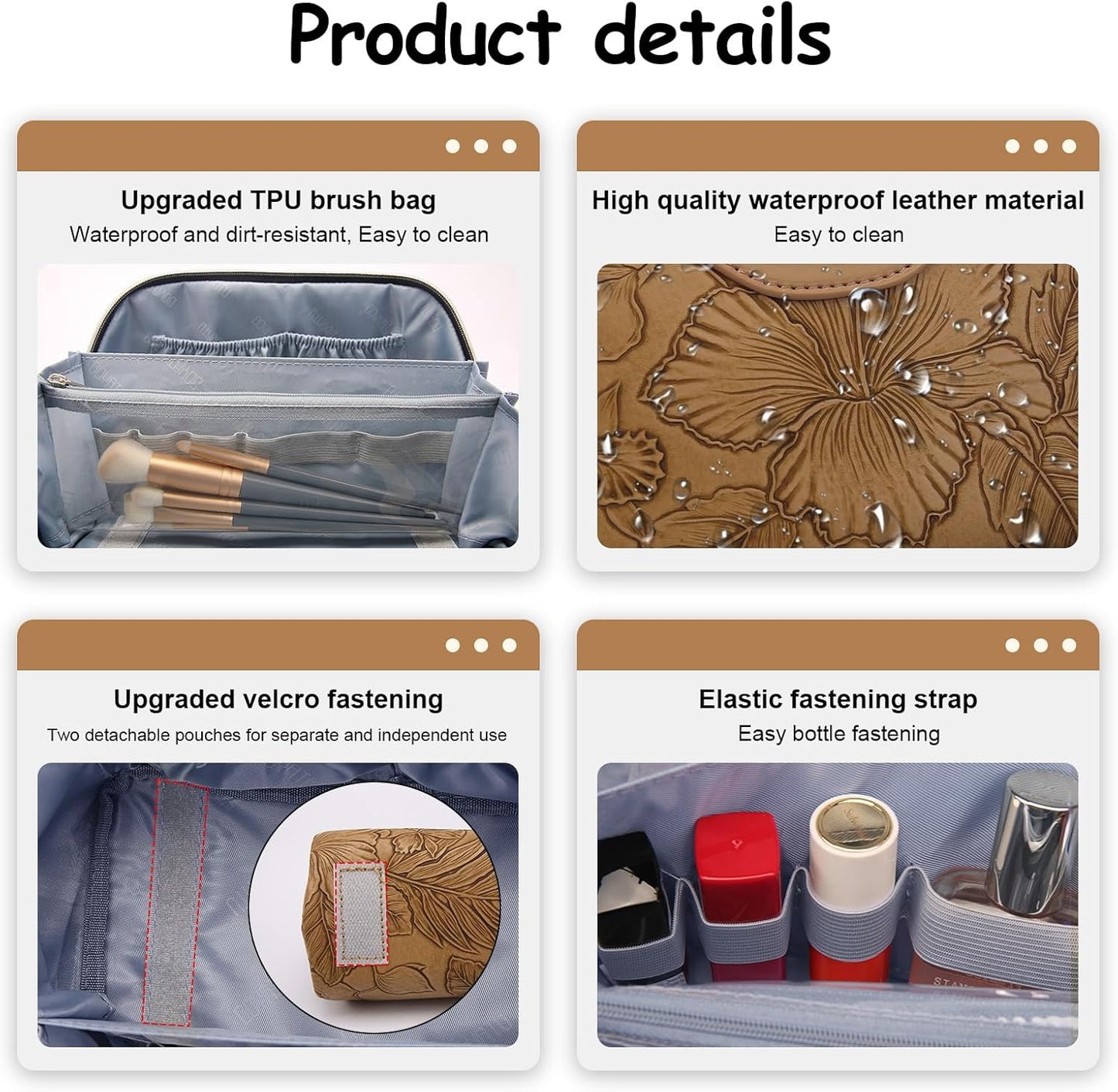 BOYATU Travel Makeup Bags Cosmetic Organizer Bag: 3-Set Large Capacity Make up Bag - PU Leather Toiletry Bags for Women - Wide Open Portable Pouch with Divider & Handle (01-Z-Brown)