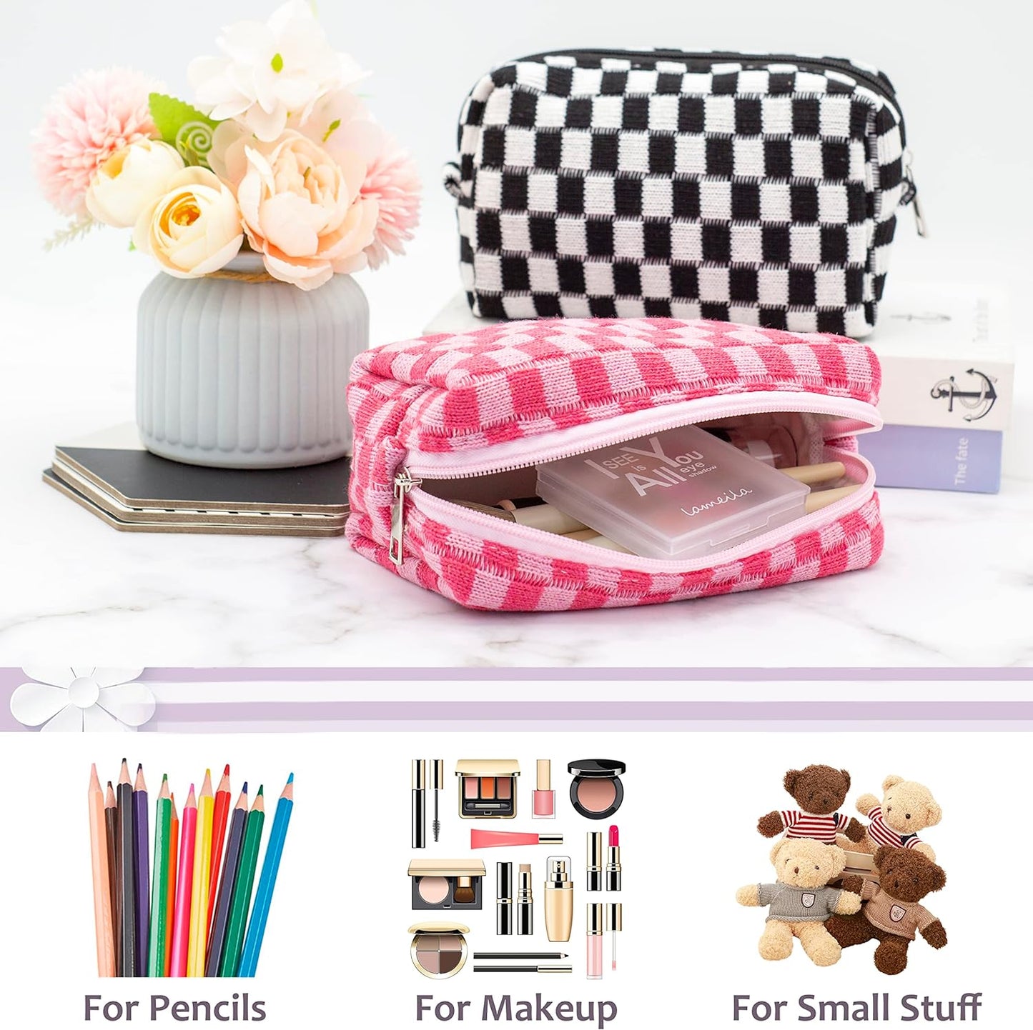 PAZIMIIK Checkered Makeup Bag for Purse Portable Zipper Make Up Pouch Small Cosmetic Case for Travel Accessories (Hotpink)