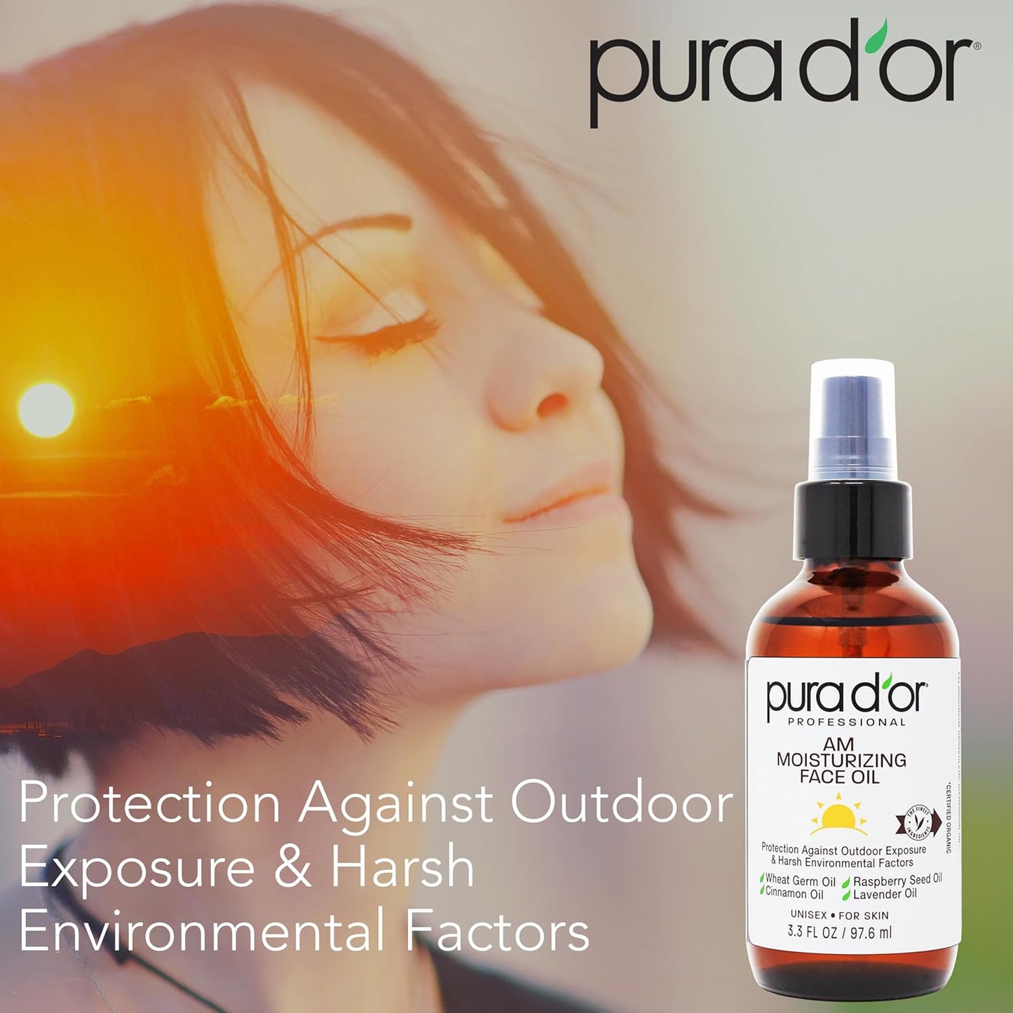PURA D'OR 3.3 Oz ORGANIC AM Moisturizing Face Oil - Morning Glow Hydrating Skincare -Lightweight Moisturizer for Glowing Skin - All Natural, Vegan, Paraben-Free - Women & Men