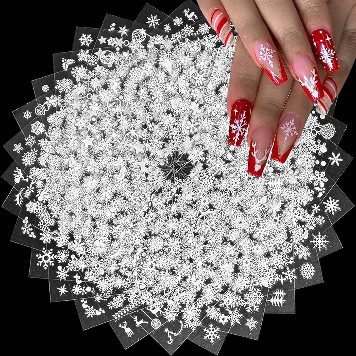 30 Sheets Christmas Nail Art Stickers 3D Self-Adhesive Snowflake Holiday Nail Stickers White Snowmen Santa Claus Elk Decals Decorations Supplies for Women (Snowflake)