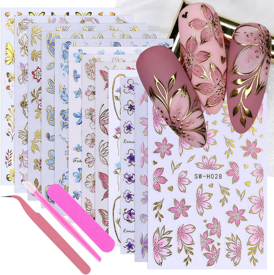 3D Flower Nail Art Stickers Decals Luxury Flower Petal Stickers with Tweezers 12 PCS Self Adhesive Pink Purple Blue Floral Gold Edge Decals Cherry Blossom Lily Summer DIY Manicure Nail Art Decoration