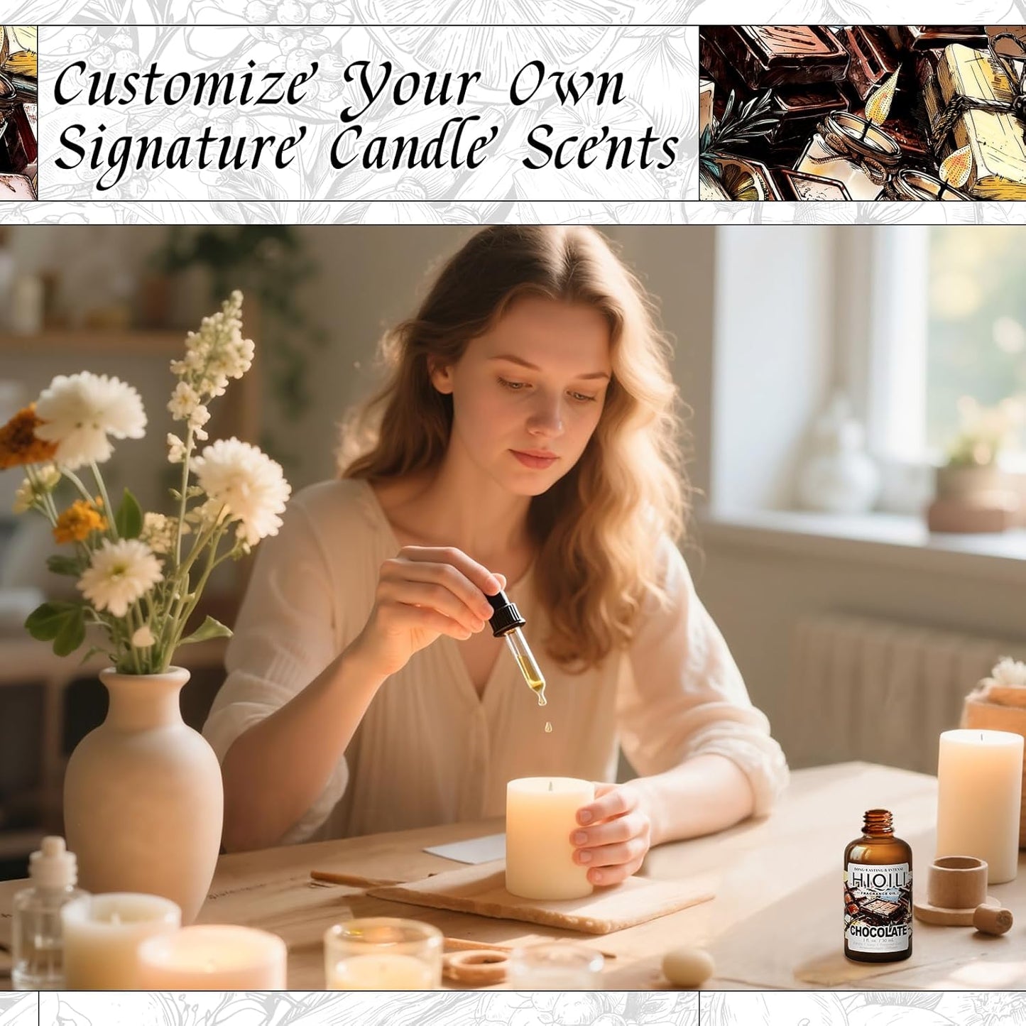 HIQILI Chocolate Fragrance Oil for DIY Candle, Soap & Bath Salts Making, Long Lasting Scents for Home Essential Oil Diffuser - 1 Fl Oz